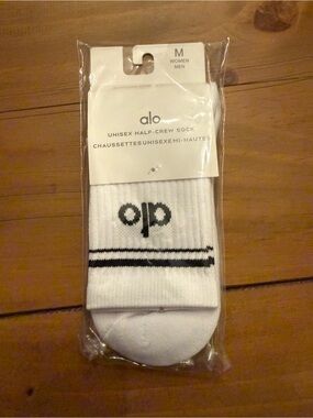 ALO Yoga White Half-Crew Socks with Black Stripes and Logo